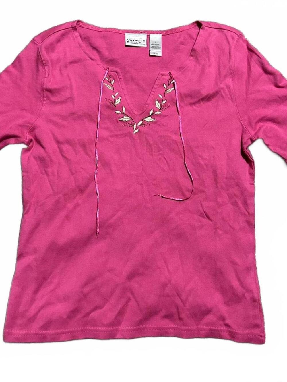Deadstock 90s Liz Claiborne Pink Embroidered Boho Tee Size S